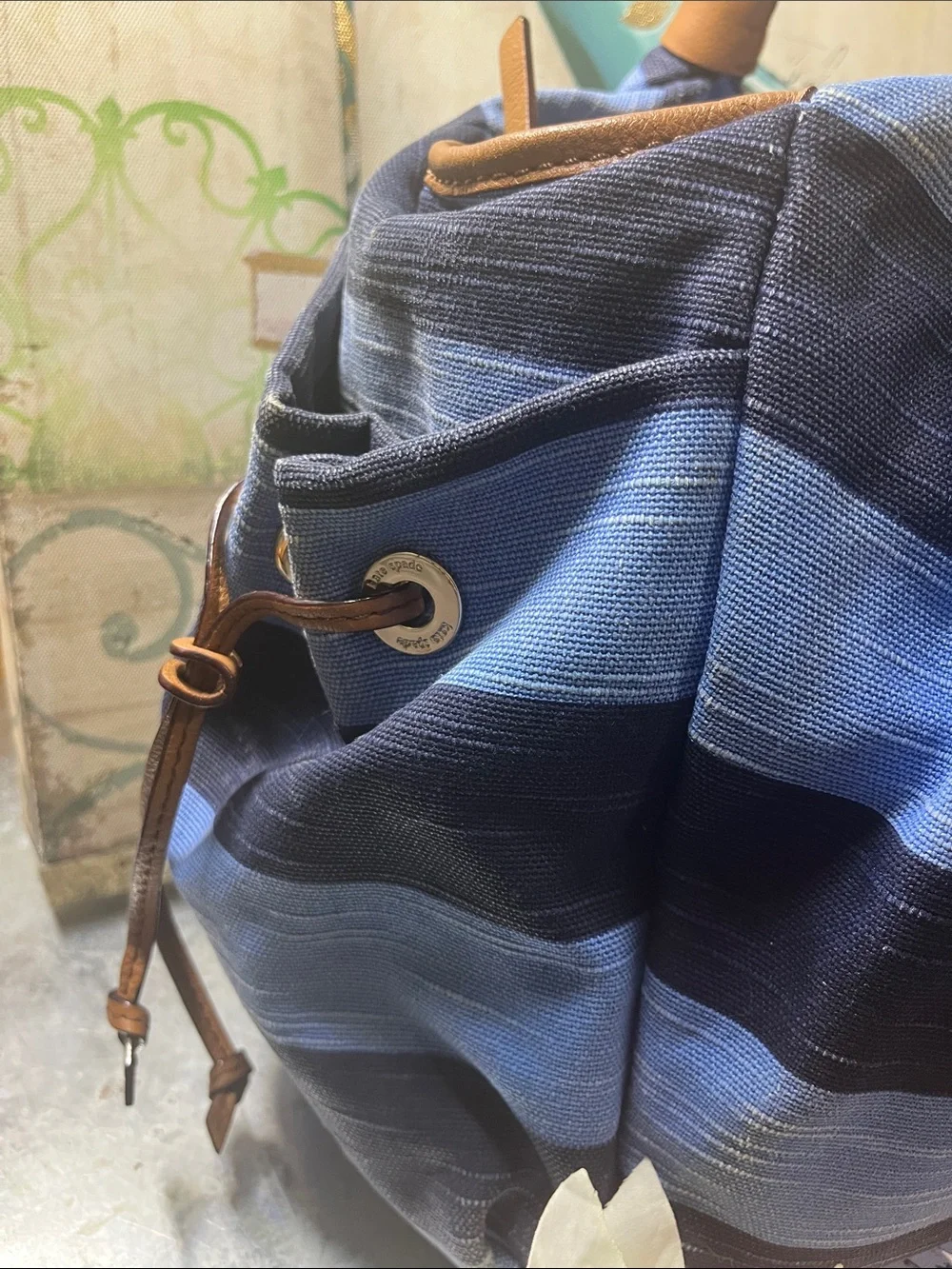 kate spade Blue and Navy Striped Tote with Brown Handles